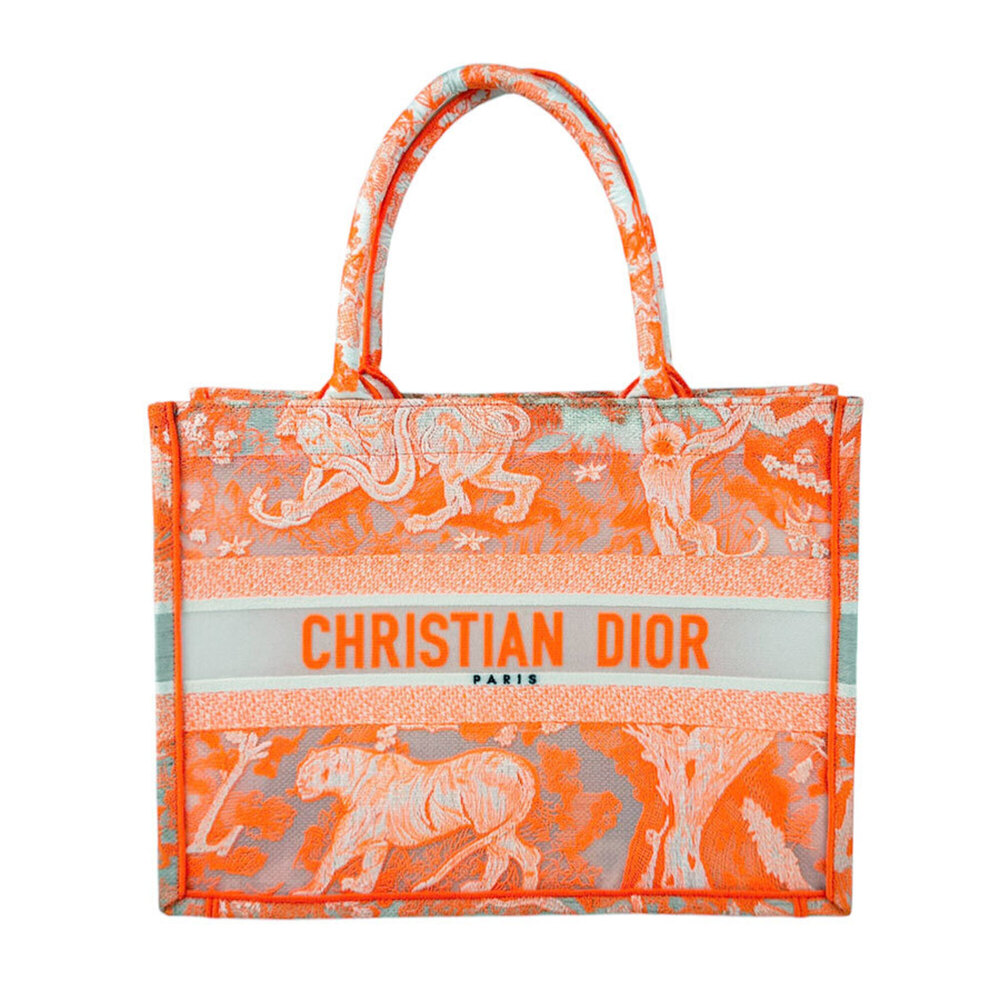 Christian Dior Book Tote Medium Canvas Handbag, Neon Orange/White, Women's, z...